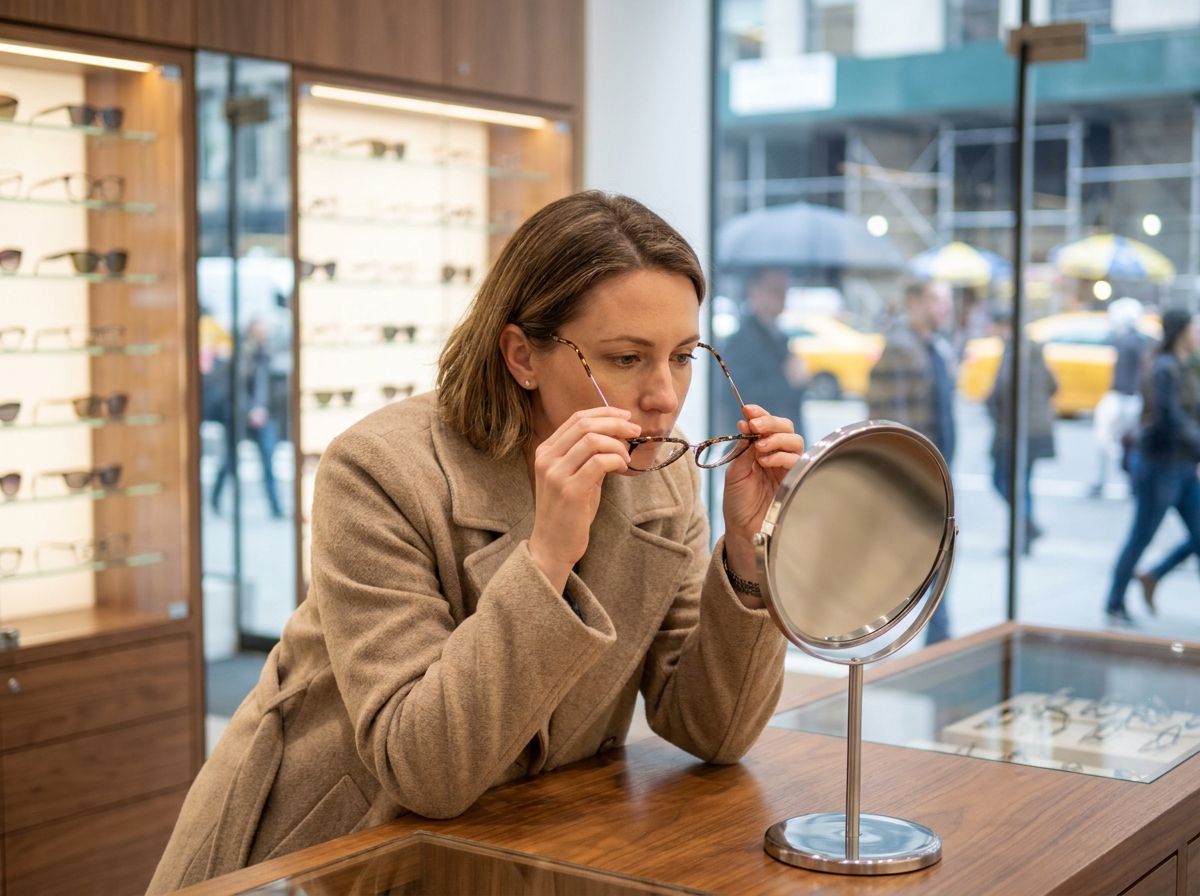 Femme essayant des montures de lunettes dans une opticien en centre-ville avec vitrines de créateurs