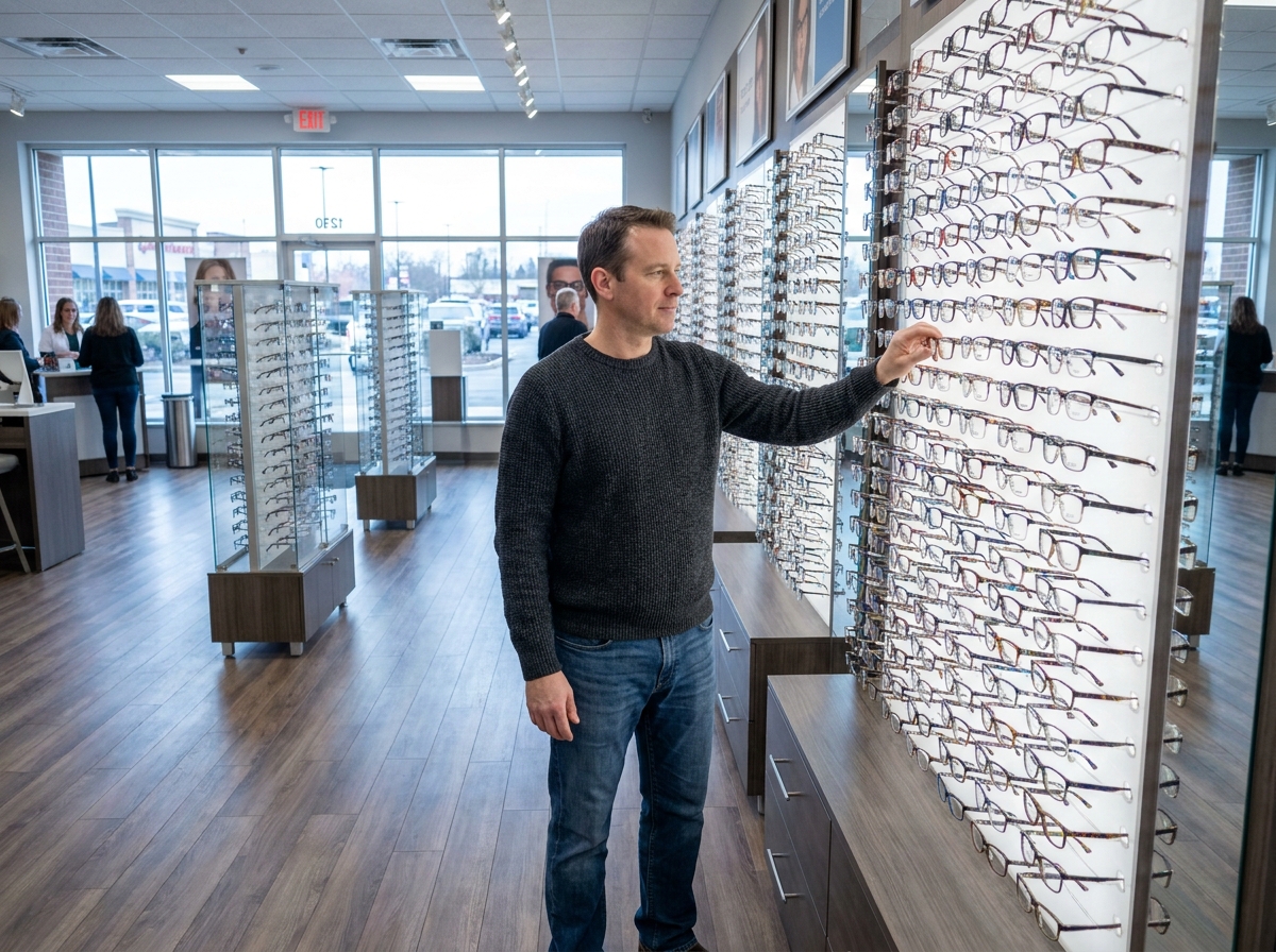 Homme choisissant des lunettes dans un grand magasin d'optique en zone commerciale périphérique