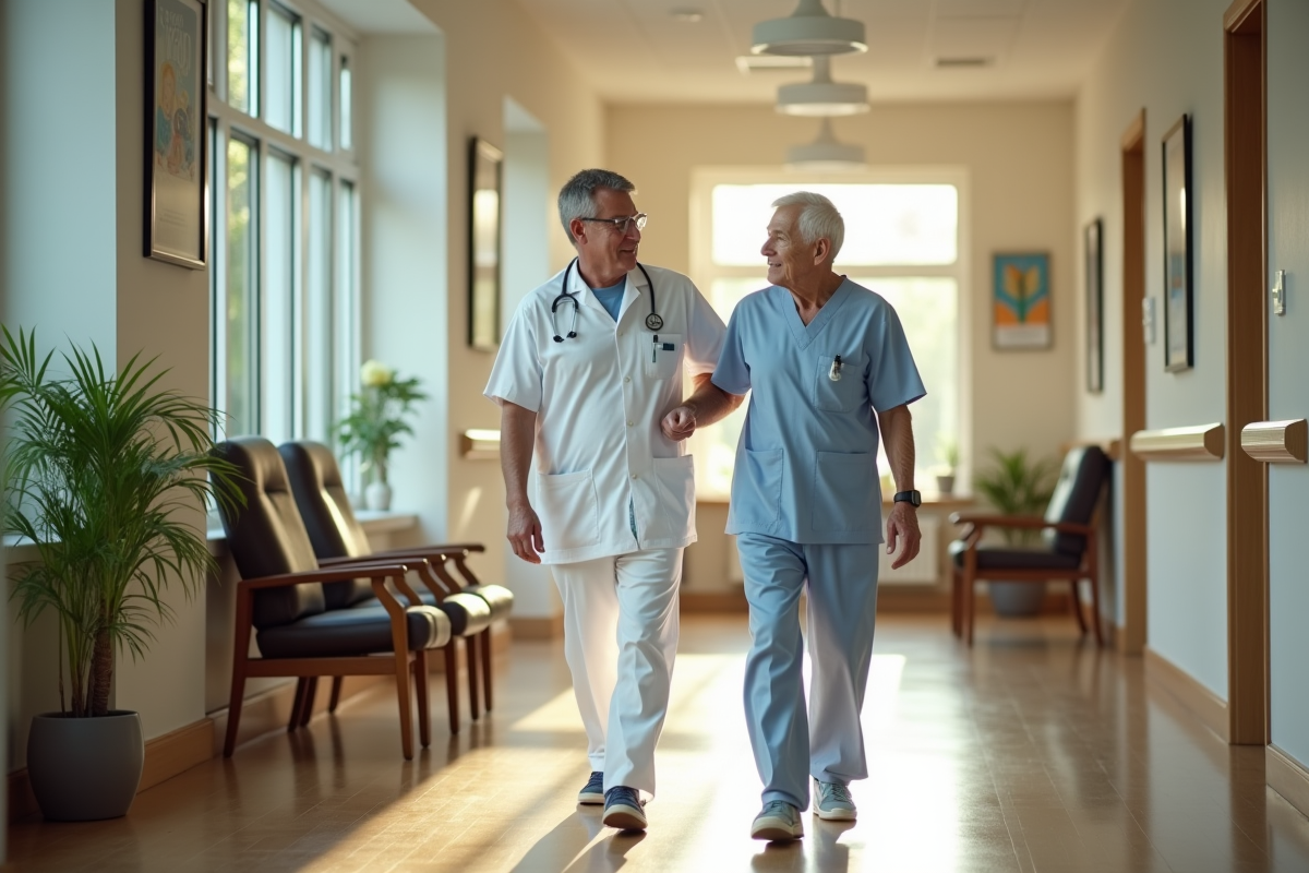 Infirmier aidant un patient âgé dans un couloir lumineux