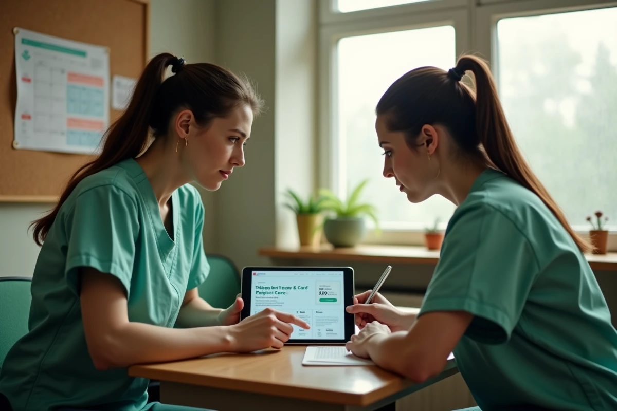 Deux aides-soignantes collaborant sur une plateforme de formation numérique en soins dans une salle du personnel d'un EHPAD