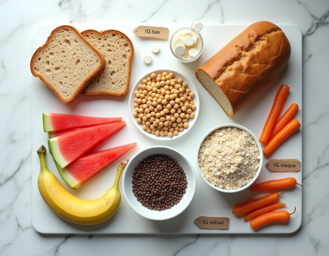 Tableau visuel des aliments classés par index glycémique bas moyen et élevé en vue de dessus sur marbre blanc
