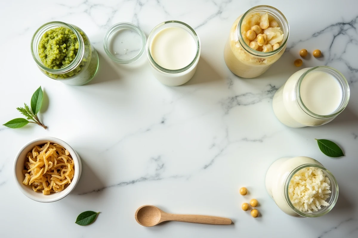 Aliments fermentés riches en probiotiques naturels et compléments alimentaires sur un plan de travail en marbre pour soulager l'intestin irritable