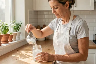 Femme préparant une solution de bicarbonate alimentaire dans un verre d'eau dans une cuisine moderne