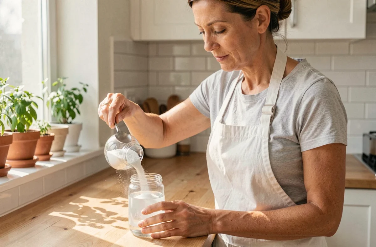 Femme préparant une solution de bicarbonate alimentaire dans un verre d'eau dans une cuisine moderne