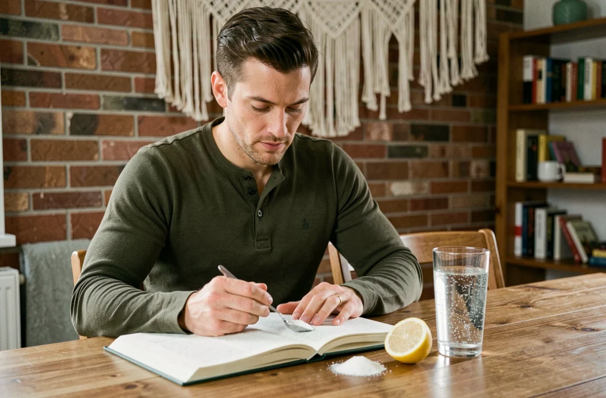 Homme consultant un journal de bien-être avec du bicarbonate alimentaire et du citron sur une table en bois