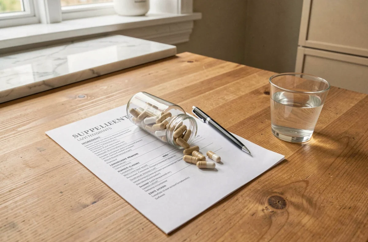 Bouteille de compléments alimentaires ouverte avec capsules et liste d'ingrédients sur une table de cuisine
