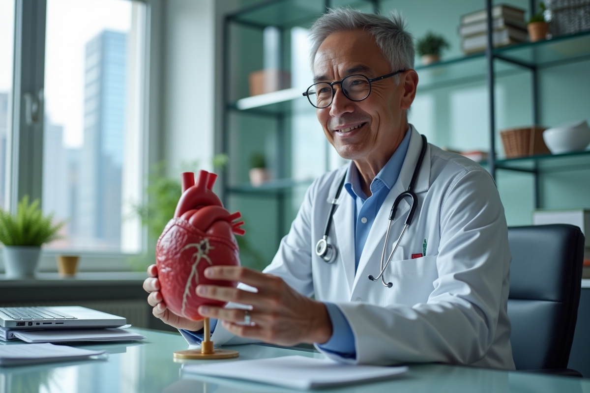 Cardiologue examinant un modèle 3D du cœur dans un cabinet moderne