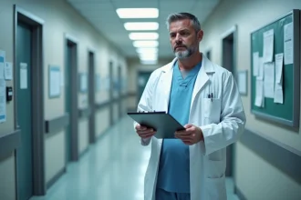 Chirurgien en blouse blanche consultant des documents dans un couloir d'hôpital public, illustrant le salaire d'un chirurgien dans le secteur public