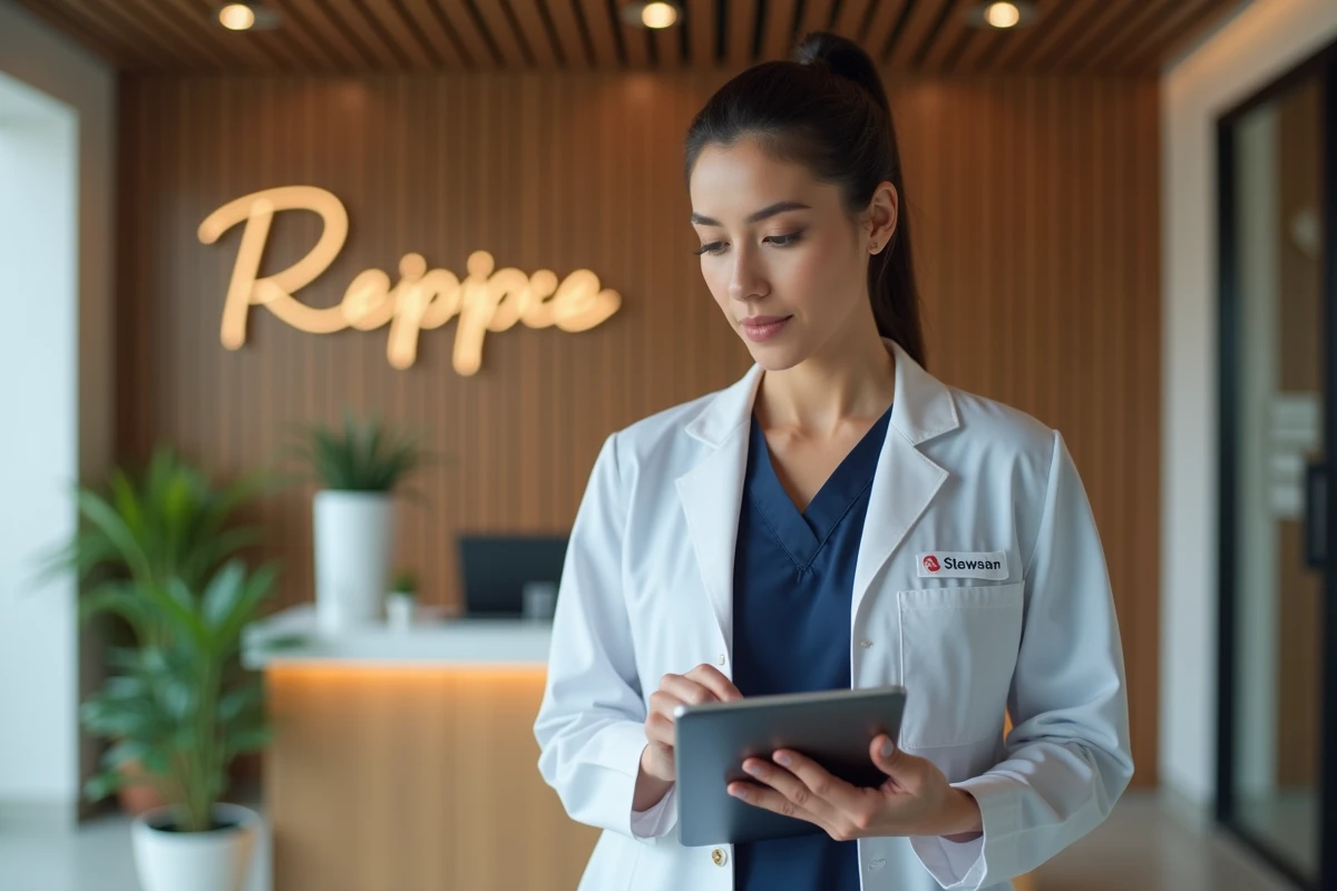 Chirurgienne en clinique privée moderne consultant une tablette, représentant les différences de salaire entre secteur public et privé en chirurgie