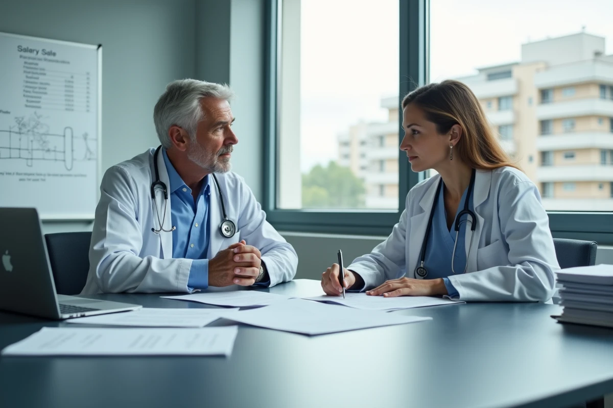 Deux chirurgiens discutant de documents salariaux lors d'une réunion dans une salle de réunion hospitalière, illustrant la comparaison des rémunérations public-privé