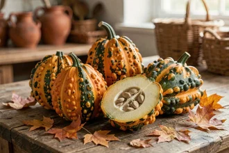 Coloquintes toxiques colorées sur une table en bois rustique avec feuilles d'automne, l'une coupée révélant sa chair toxique