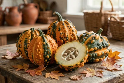 Coloquintes toxiques colorées sur une table en bois rustique avec feuilles d'automne, l'une coupée révélant sa chair toxique