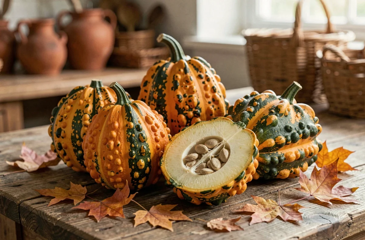 Coloquintes toxiques colorées sur une table en bois rustique avec feuilles d'automne, l'une coupée révélant sa chair toxique
