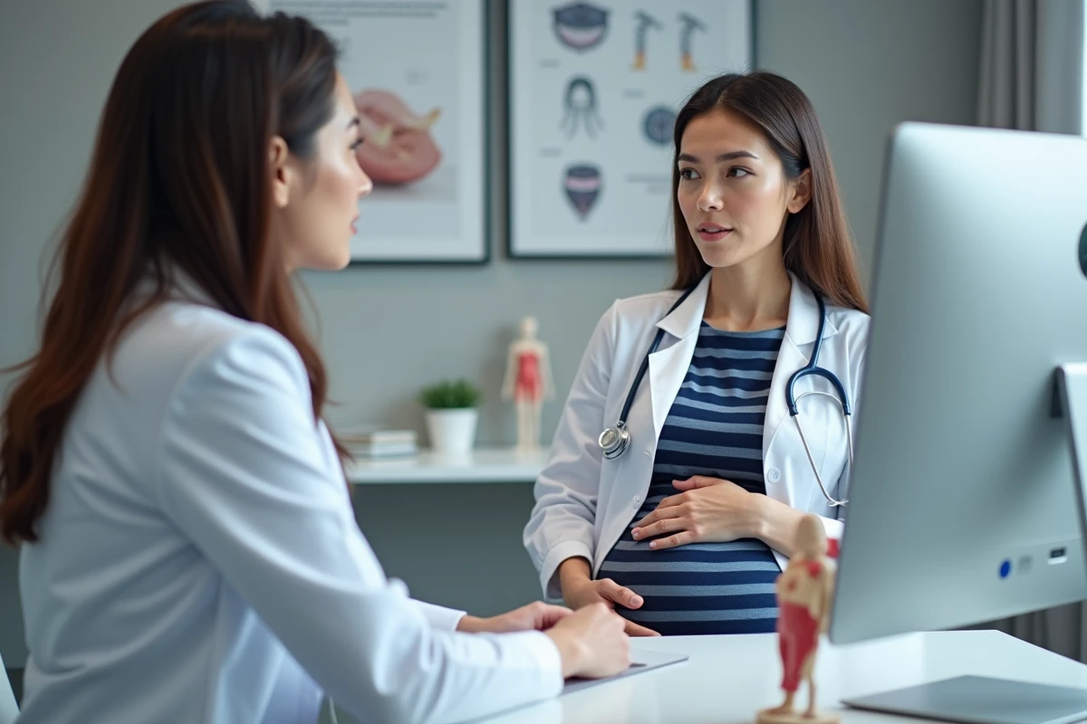 Consultation médicale entre une gynécologue et une femme enceinte pour discuter des précautions liées au cerclage cervical