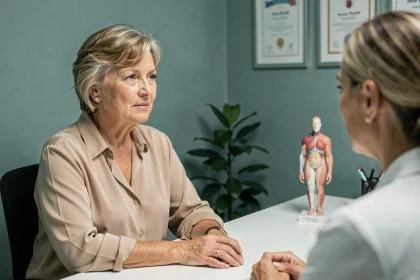 Femme ménopausée en consultation gynécologique discutant d'un polype utérin avec son médecin