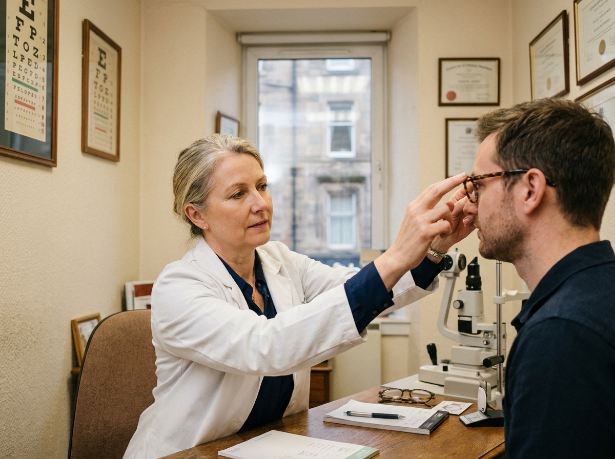 Opticienne ajustant des lunettes sur un client lors d'une consultation personnalisée en boutique urbaine