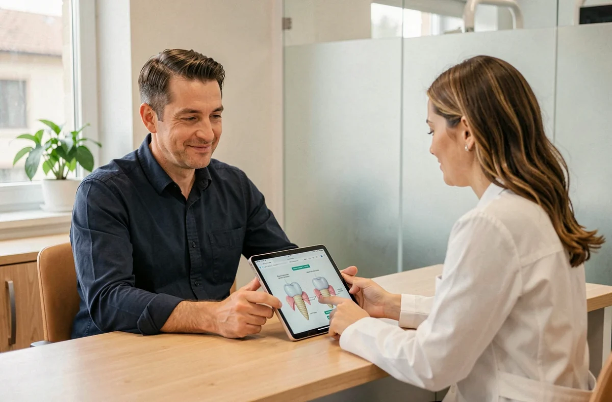 Patient et dentiste consultant un plan de traitement implantaire sur tablette numérique dans un cabinet dentaire