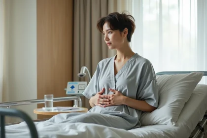 Femme en convalescence après ablation de trompe allongée dans une chambre d'hôpital moderne, tenant doucement son abdomen