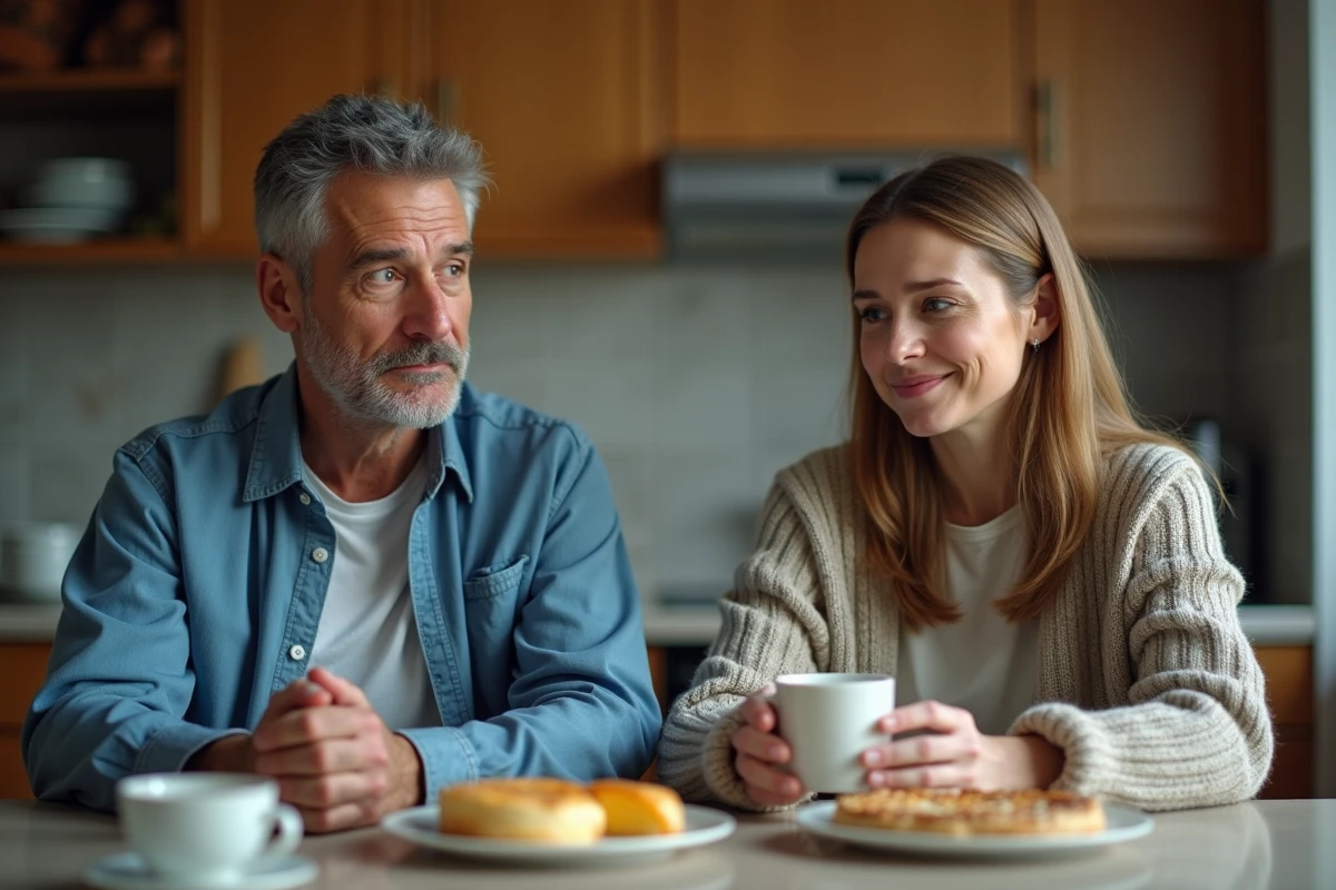 Un couple assis à une table de cuisine ayant une conversation sérieuse et non conflictuelle, symbolisant le dialogue difficile autour de l'immaturité émotionnelle et du syndrome de Peter Pan