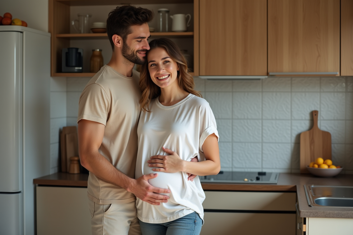 Jeune couple souriant dans la cuisine chaleureuse