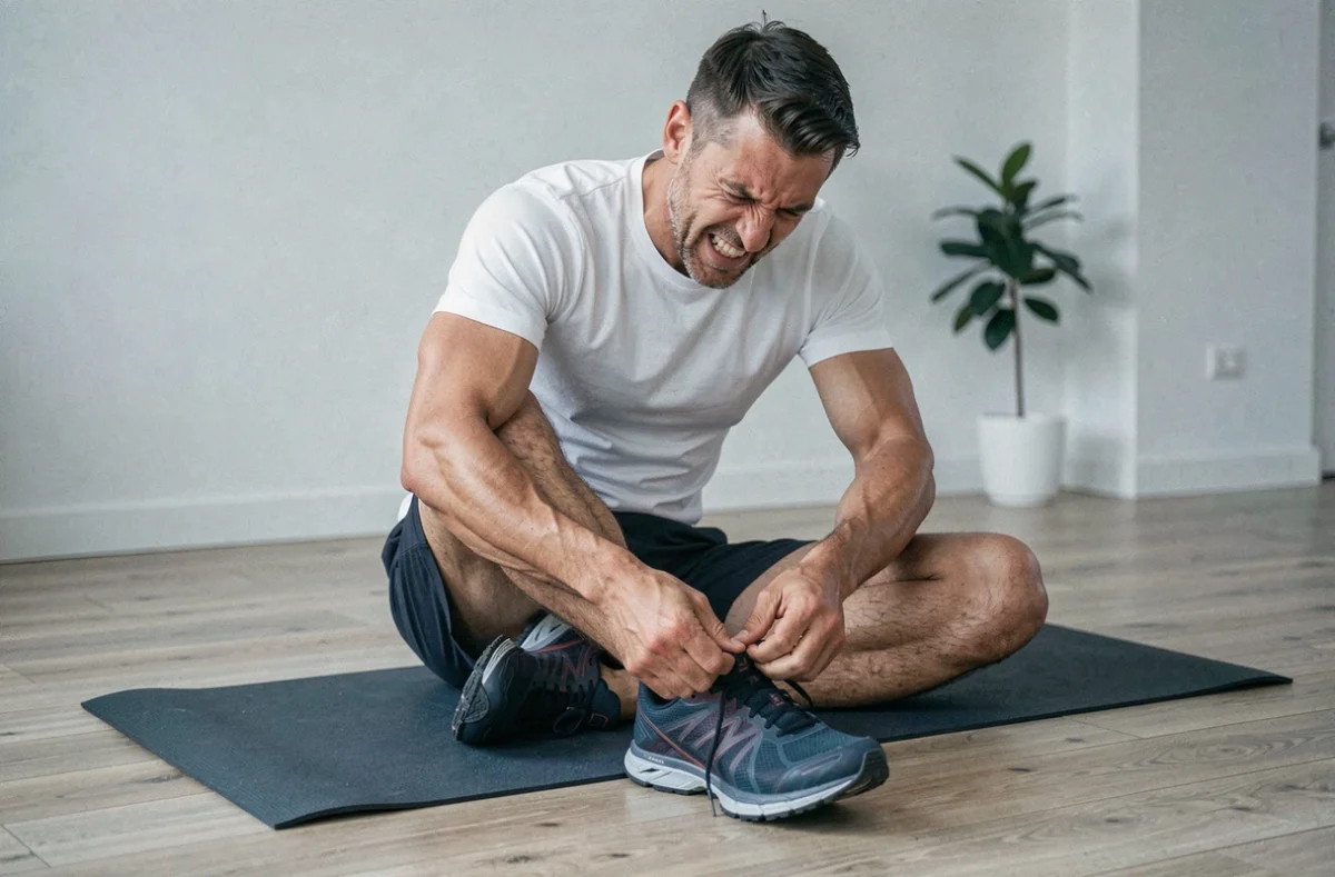 Coureur masculin assis sur un tapis de yoga qui retire sa chaussure de trail et examine le dessus de son pied douloureux, évoquant une tendinite des extenseurs ou une arthrose du médio-pied