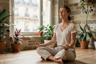 Femme en méditation assise en tailleur dans un studio zen parisien aux murs en pierre, ambiance apaisante pour un cours de méditation en Île-de-France
