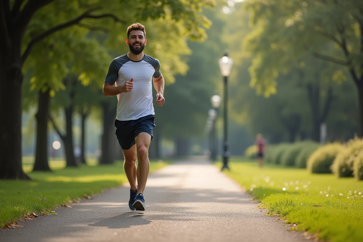 Jeune homme courant dans un parc en matinée tranquille