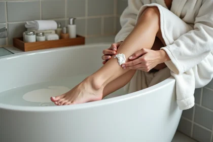 Femme appliquant une crème hydratante sur ses talons dans une salle de bain apaisante pour une routine anti-corne des pieds