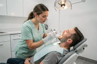 Dentiste examinant une dent dévitalisée d'un patient dans un cabinet dentaire moderne en 2026