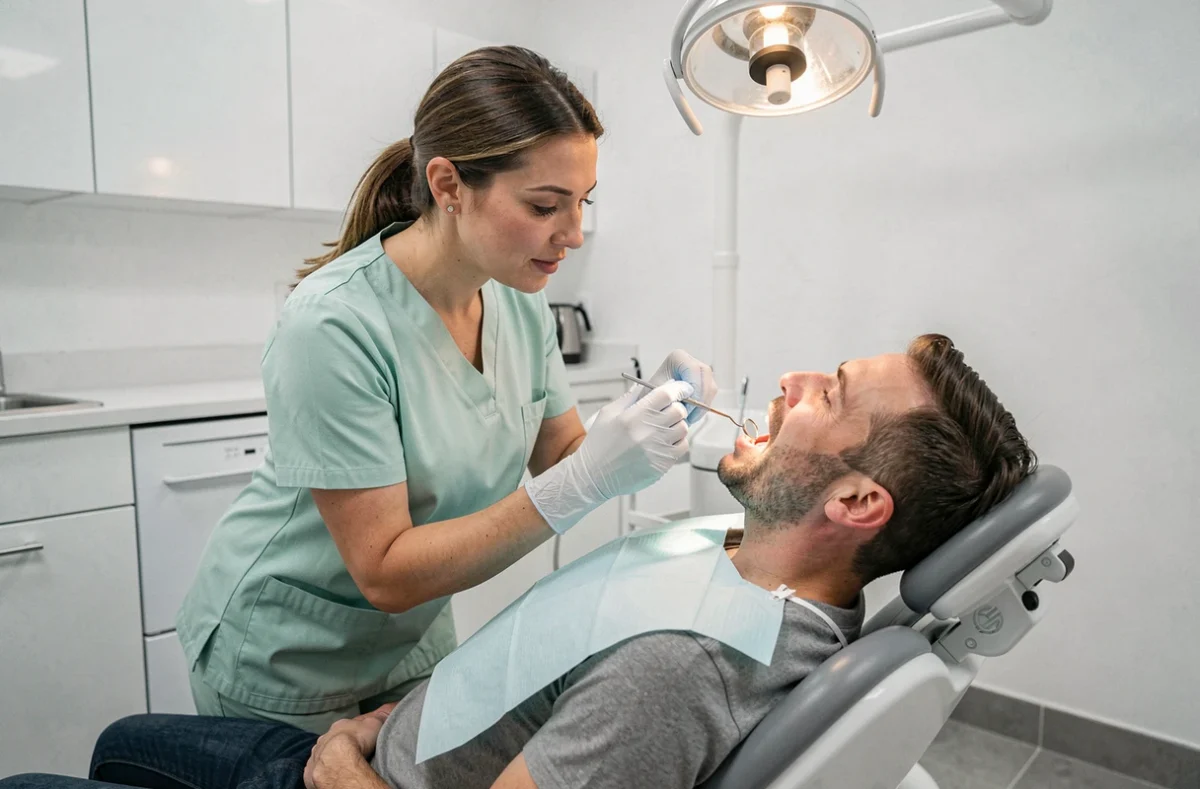 Dentiste examinant une dent dévitalisée d'un patient dans un cabinet dentaire moderne en 2026