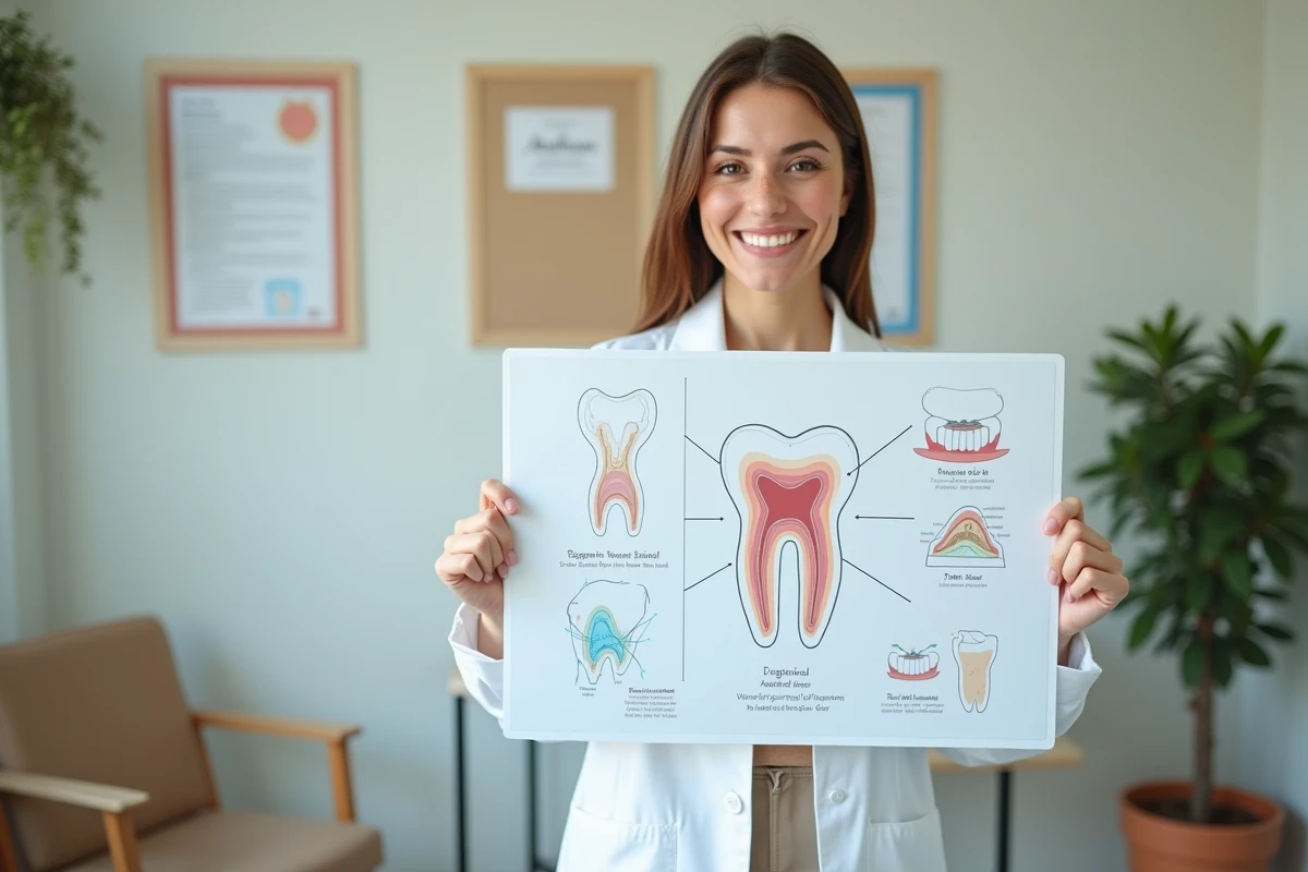 Dentiste femme tenant un grand diagramme dentaire dans un cabinet