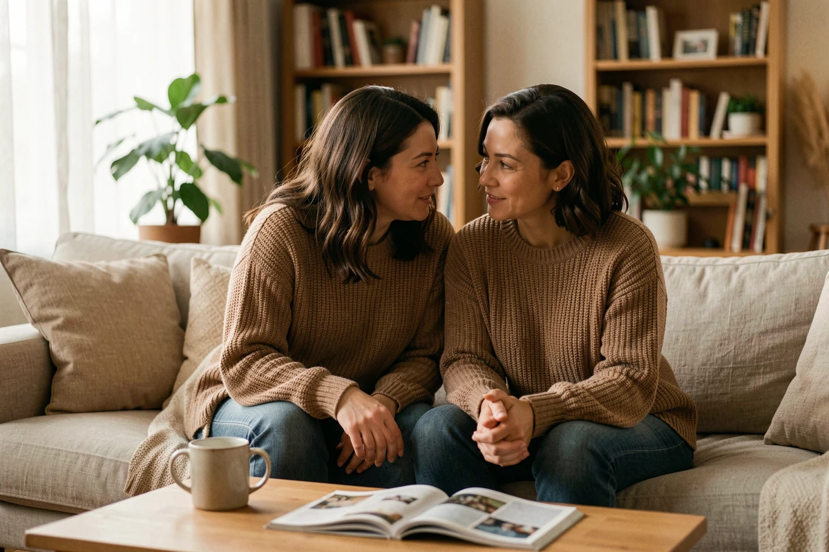 Deux femmes partageant une conversation intime et bienveillante sur un canapé, illustrant le soutien mutuel et la confiance autour de sujets liés au corps féminin