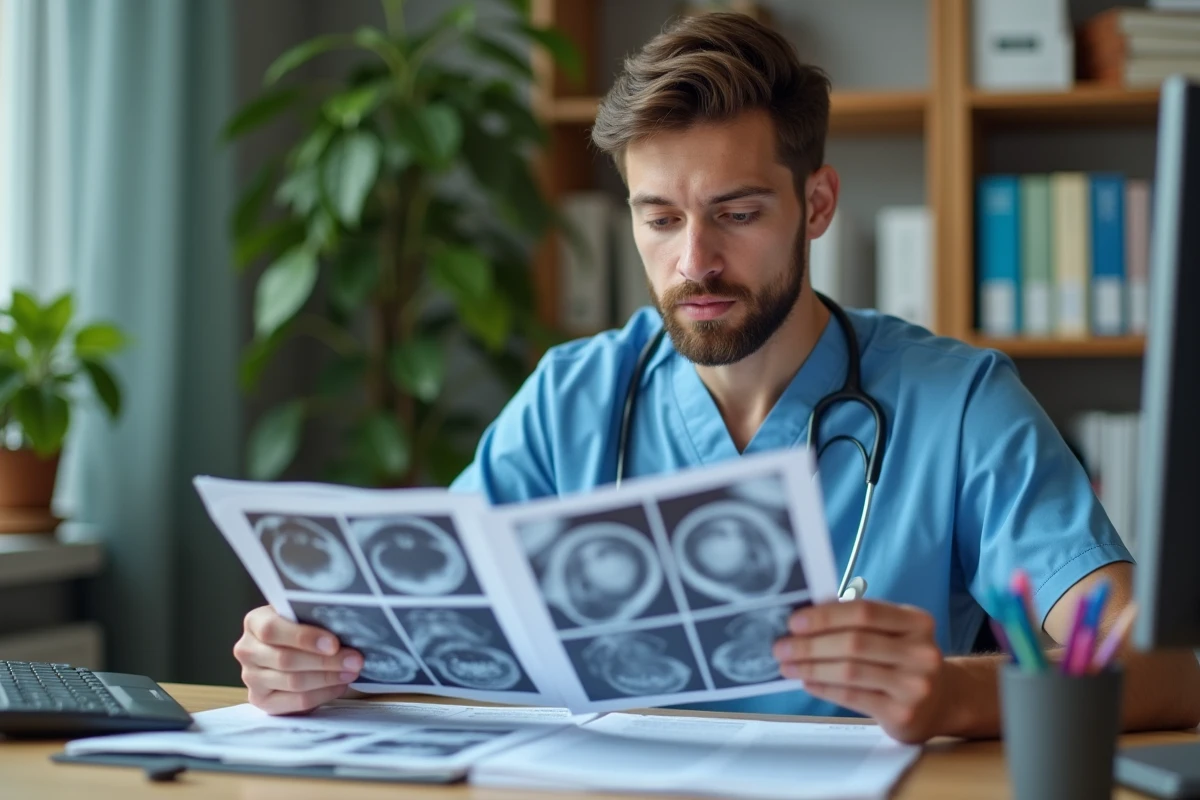 Jeune médecin étudie des images dermatoscopiques sur son bureau