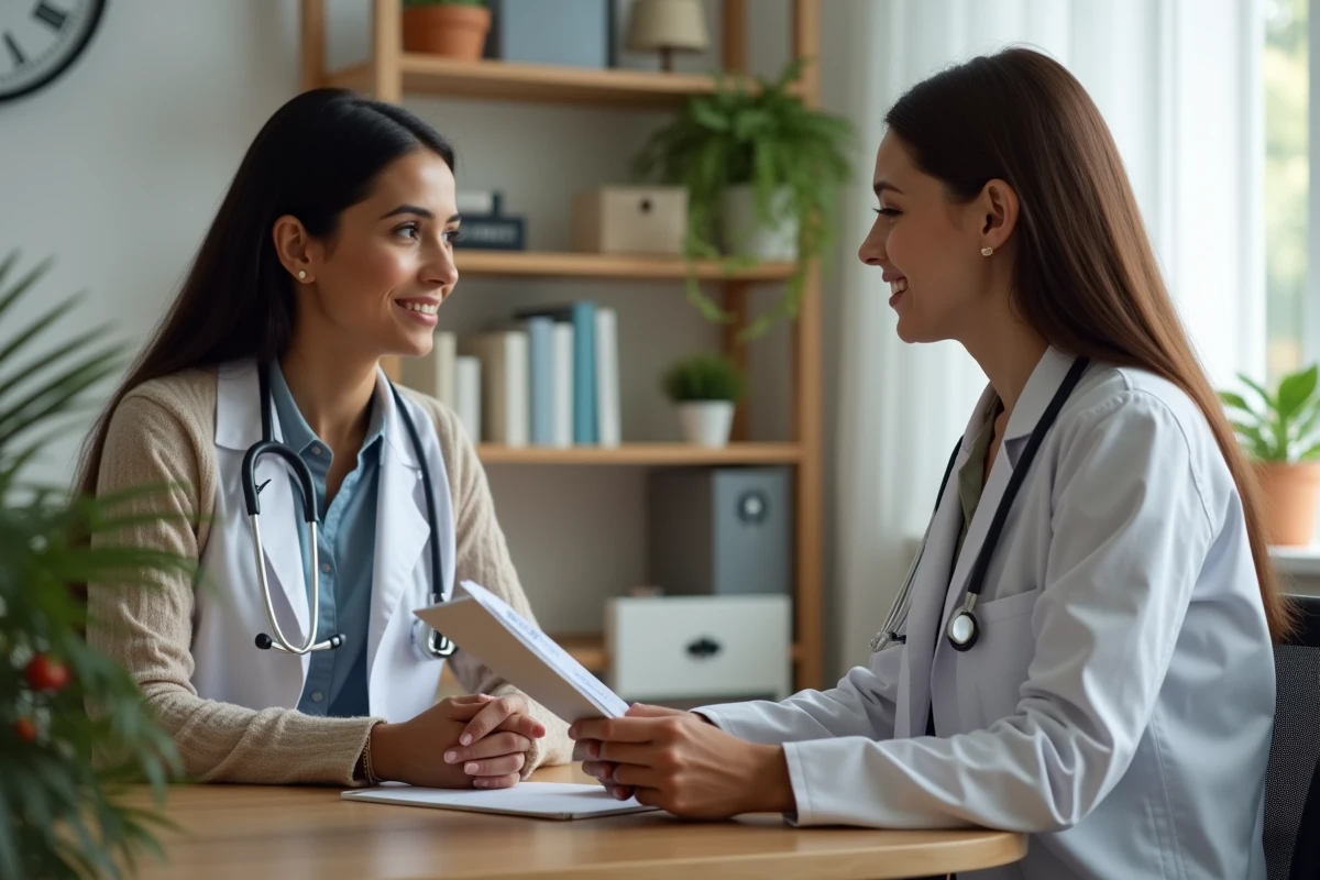 Docteur en blanc discutant avec une patiente dans un bureau chaleureux