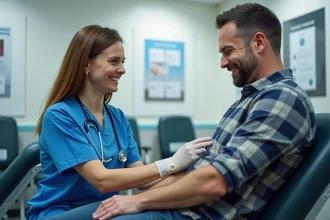 Infirmière réalisant un prélèvement sanguin sur un donneur adulte dans un centre de don du sang moderne
