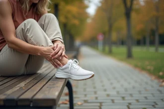 Femme assise tenant son pied gauche douloureux sur le côté extérieur après une marche en ville
