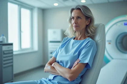 Femme assise après une IRM avec injection de produit de contraste, bras bandé, expression fatiguée en salle de radiologie