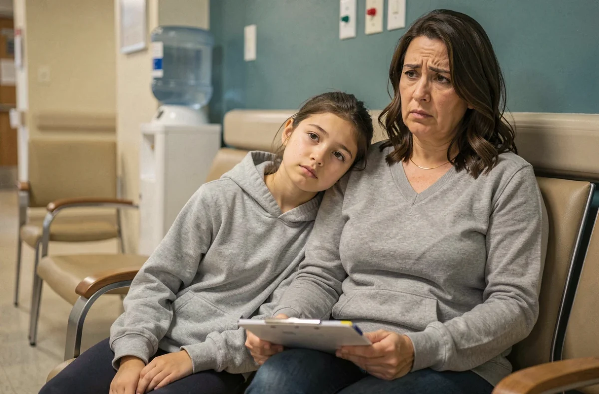 Jeune fille fatiguée avec teinte jaunâtre assise avec sa mère dans une salle d'attente d'hôpital pédiatrique