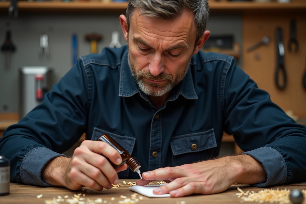 Homme appliquant de l'acétone sur ses doigts pour dissoudre de la colle forte dans un atelier