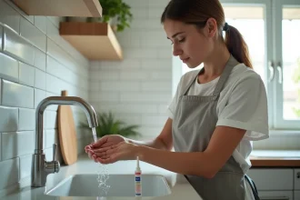 Femme se frottant les doigts sous l'eau pour enlever de la colle forte dans une cuisine