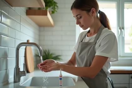 Femme se frottant les doigts sous l'eau pour enlever de la colle forte dans une cuisine