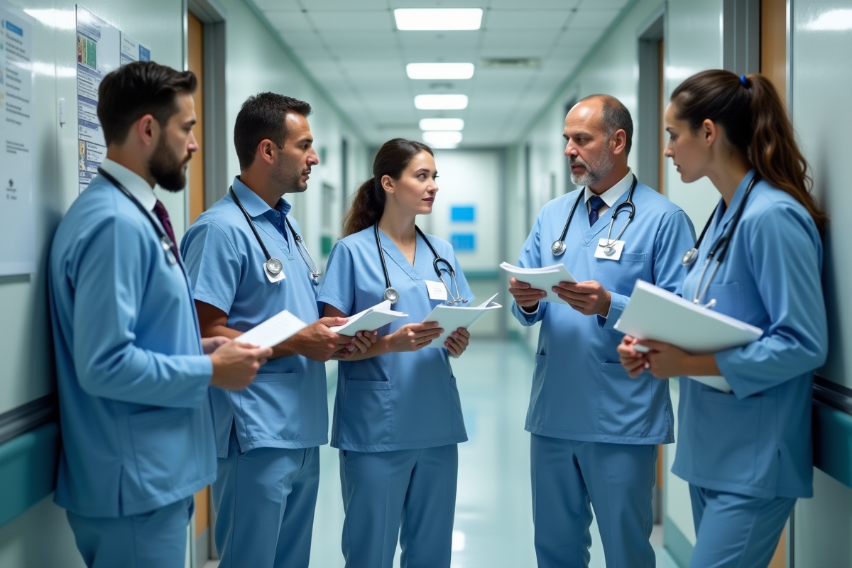 Equipe de professionnels de santé discutant dans un couloir d