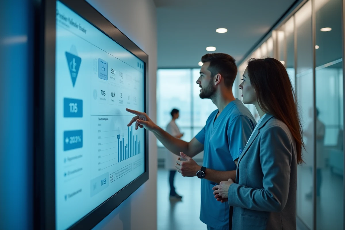 Équipe soignante collaborant sur une plateforme de santé numérique affichée sur écran mural dans une clinique connectée