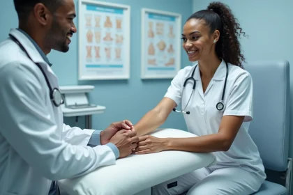 Médecin examine une peau marbrée d'une patiente lors d'un contrôle médical