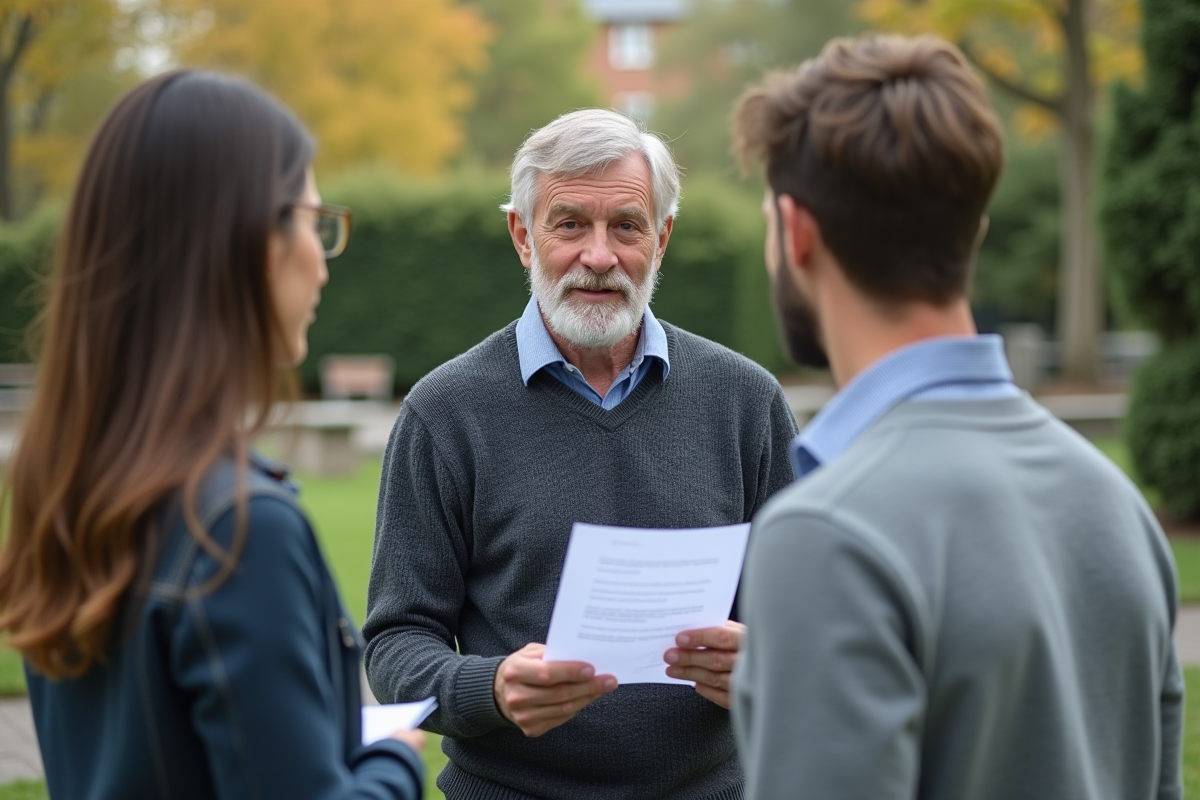 Expert en extérieur discutant avec un couple dans un parc