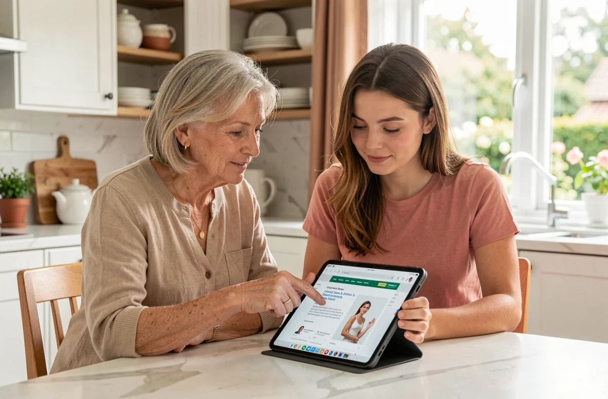 Deux femmes de générations différentes consultant ensemble un blog médical fiable sur une tablette dans une cuisine familiale