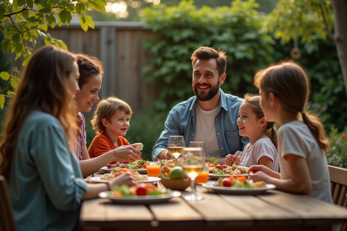 Famille de quatre partageant un dîner convivial dans le jardin