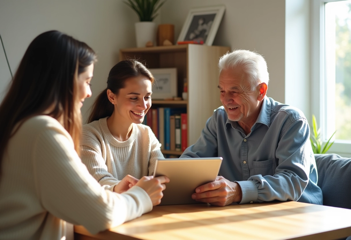 Une jeune femme guide un couple âgé sur une tablette