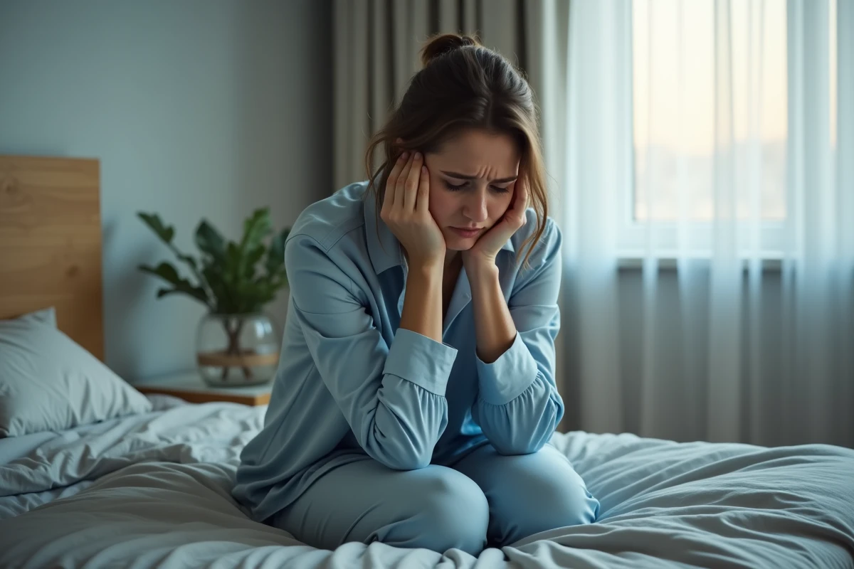 Femme fatiguée assise au bord du lit le matin, symptômes de fatigue chronique et nausées associés à des troubles du foie