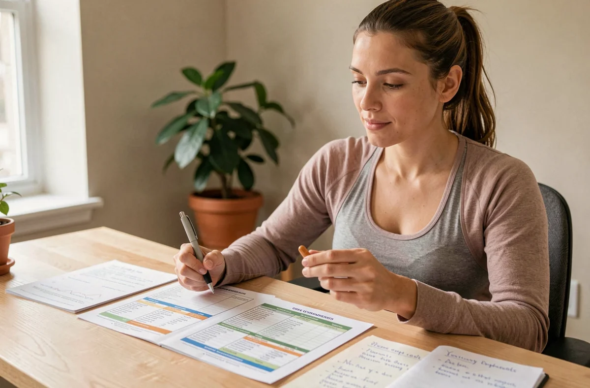Femme analysant les dosages et la formule d'un complément alimentaire à son bureau à domicile